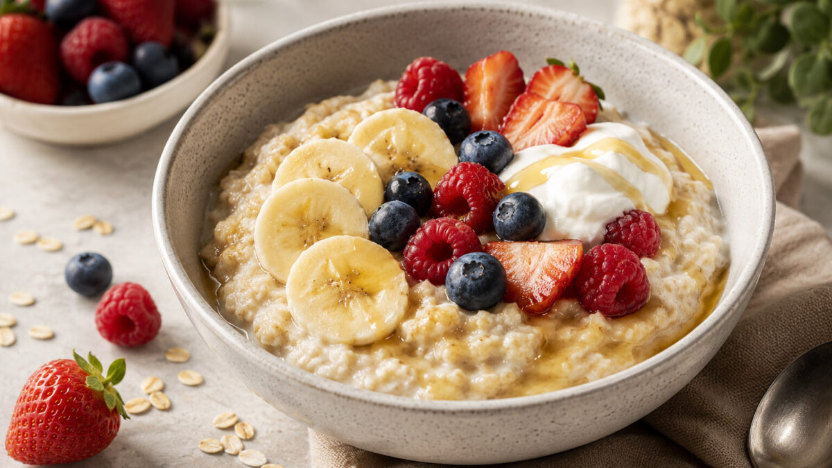 Lauf-Porridge mit Banane, Beeren und Joghurt